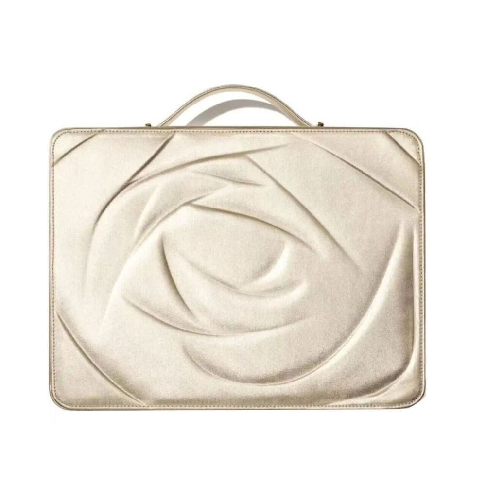 LANCOME Cosmetic Makeup Bag Womens Gold Embossed Rose Zip Train Case 13x11x3